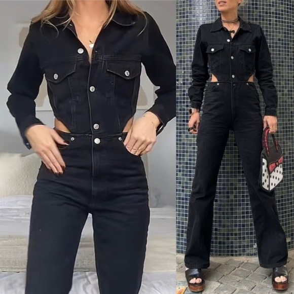 Zara Cut Out Full Length Wide Leg Collared Denim Jumpsuit Edgy Grunge Black M - Picture 2 of 7